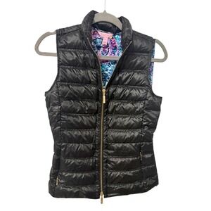 Lilly Pulitzer Black Down‎ Filled Quilted Vest with Gold Zippers